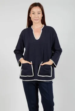 Mei Meij Jumpers^Longline Jumper with Contrasting Detail in Dark Navy and White