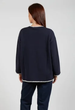 Mei Meij Jumpers^Longline Jumper with Contrasting Detail in Dark Navy and White