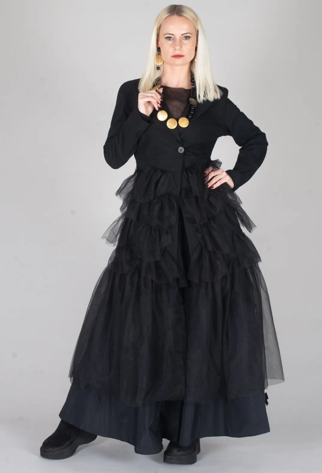 Pluslavie Jackets^Longline Tulle Coat in Black