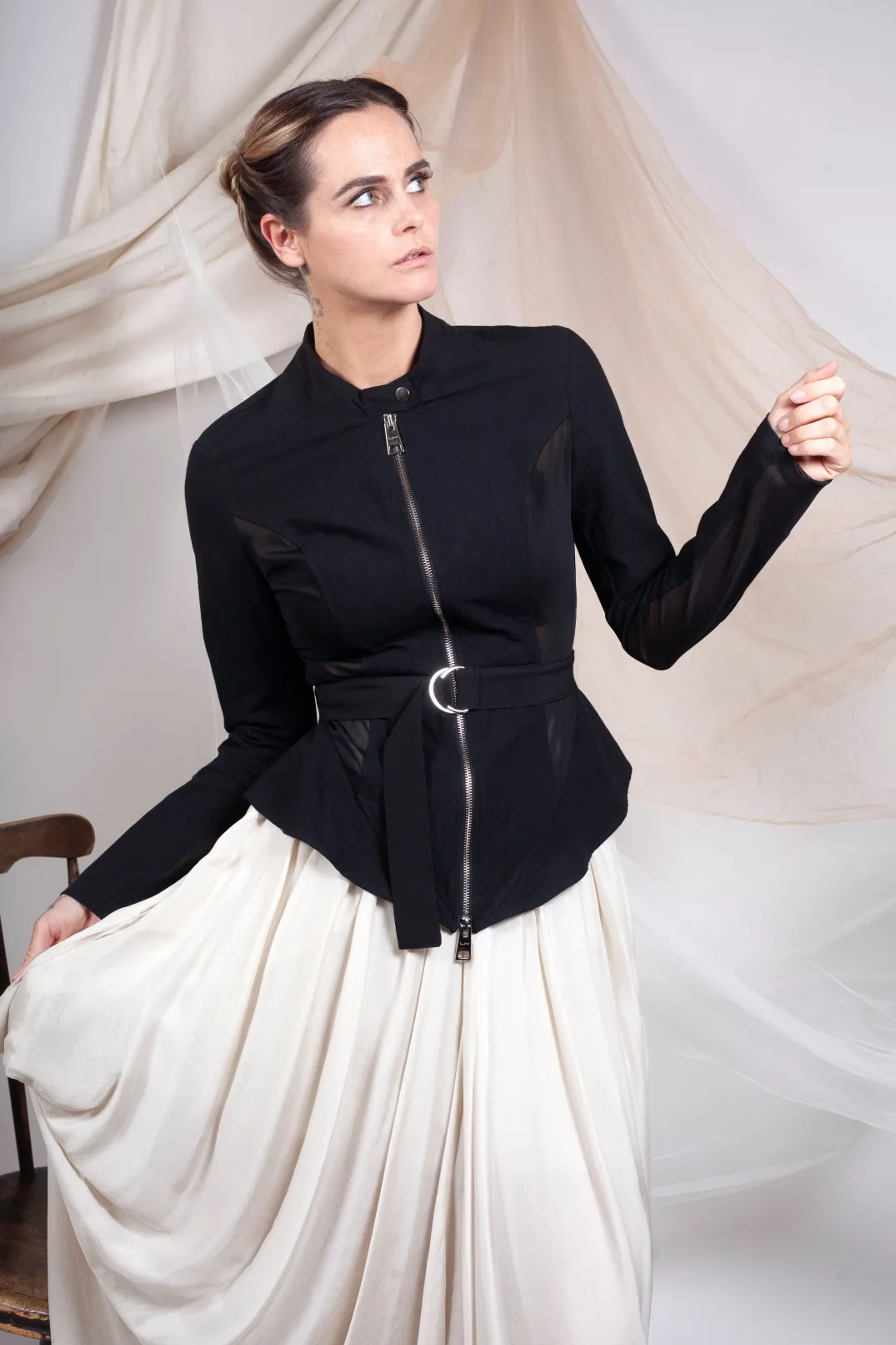 La Haine Jackets^Mesh Panelled Jacket with Belt in Nero