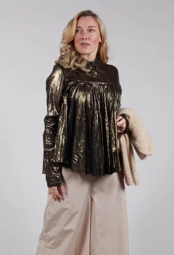 Rundholz Dip Tops^Metallic Button Up Blouse in Gold Black
