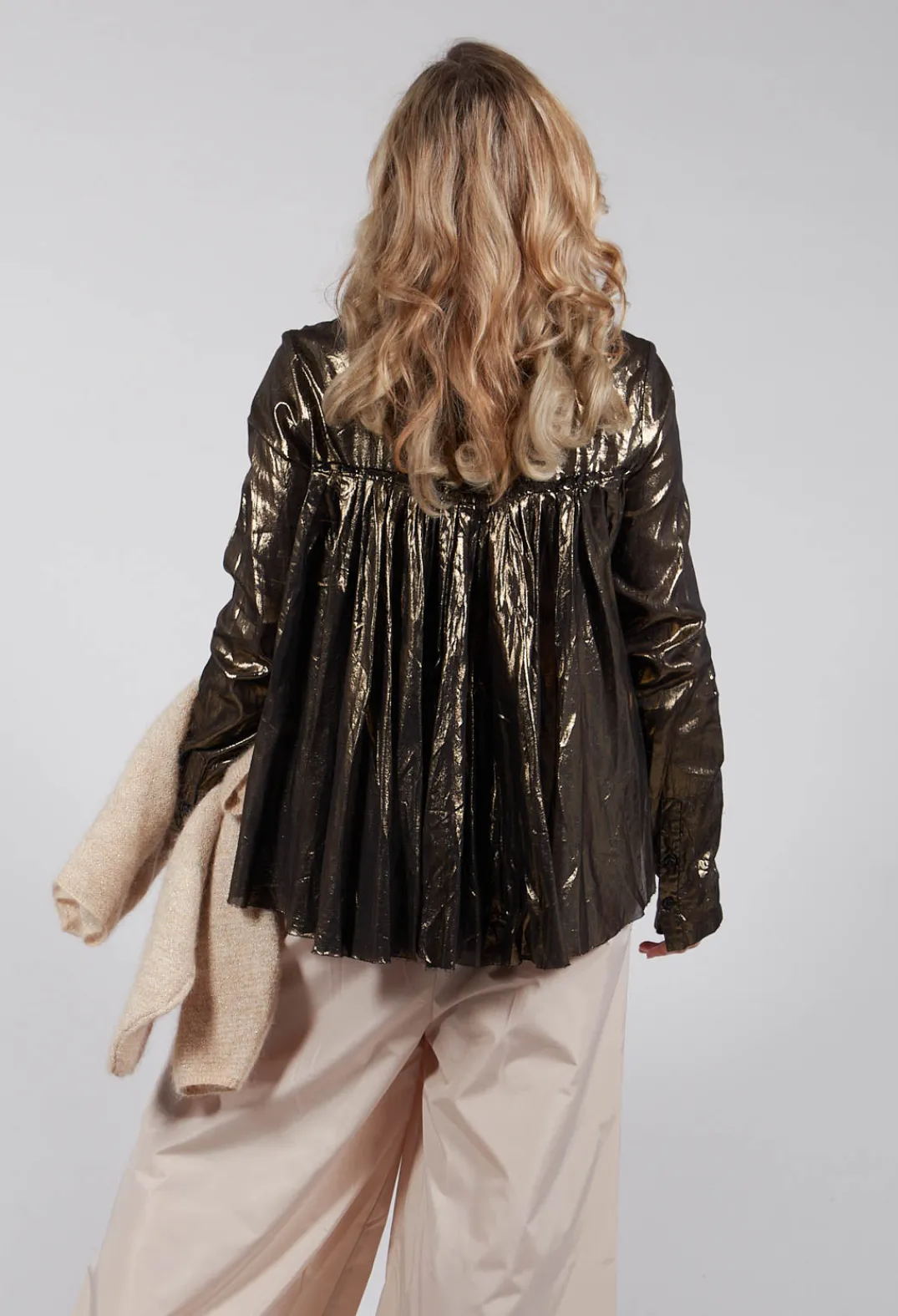 Rundholz Dip Tops^Metallic Button Up Blouse in Gold Black