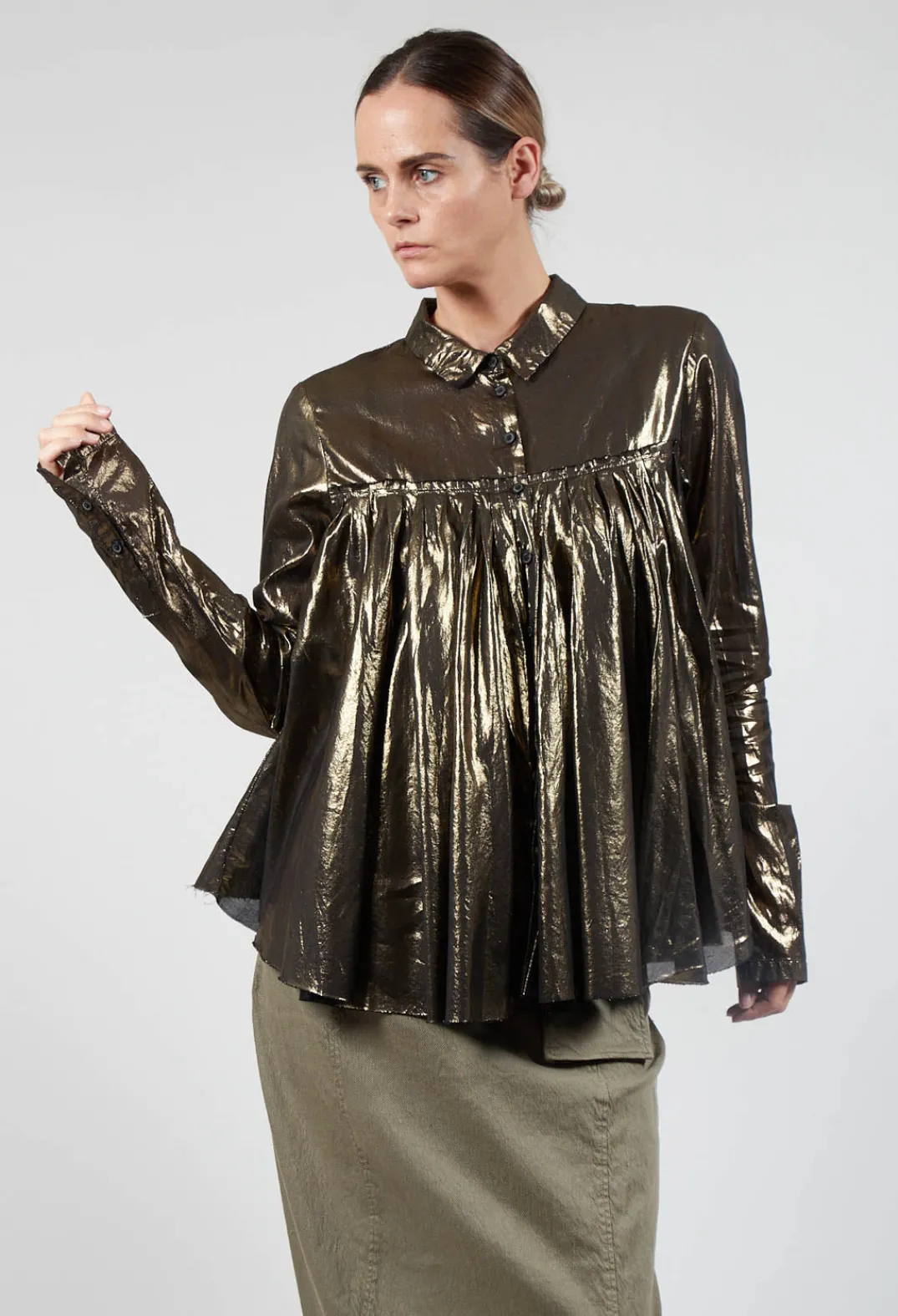 Rundholz Dip Tops^Metallic Button Up Blouse in Gold Black