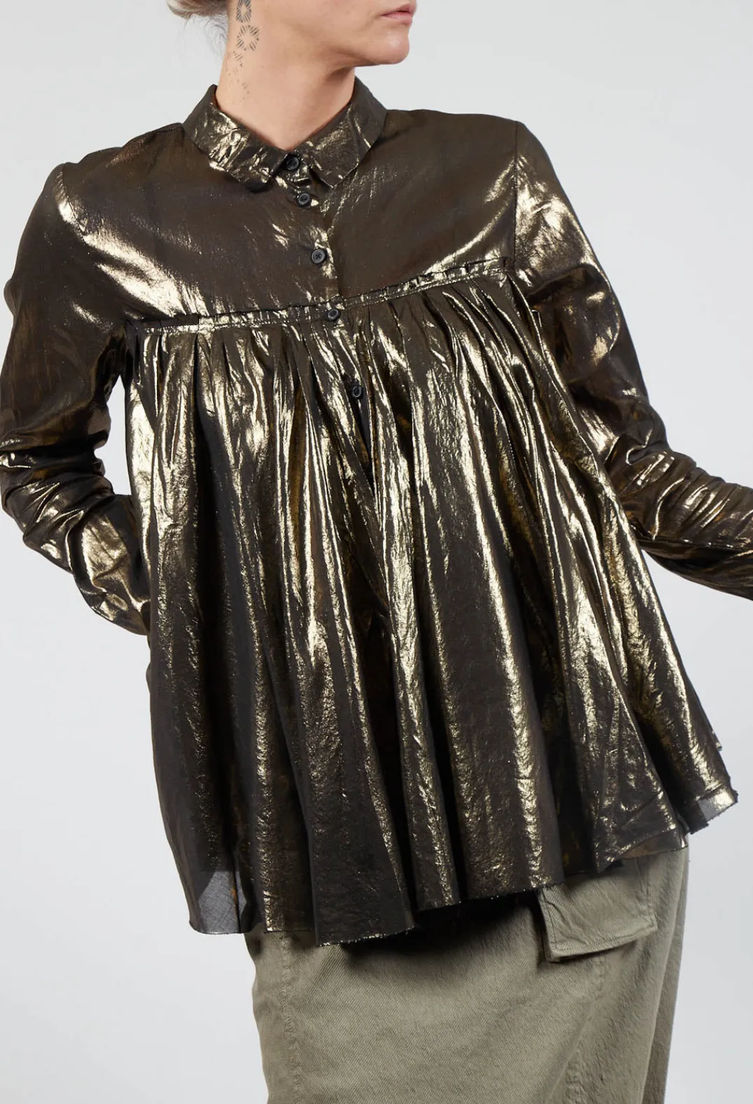 Rundholz Dip Tops^Metallic Button Up Blouse in Gold Black