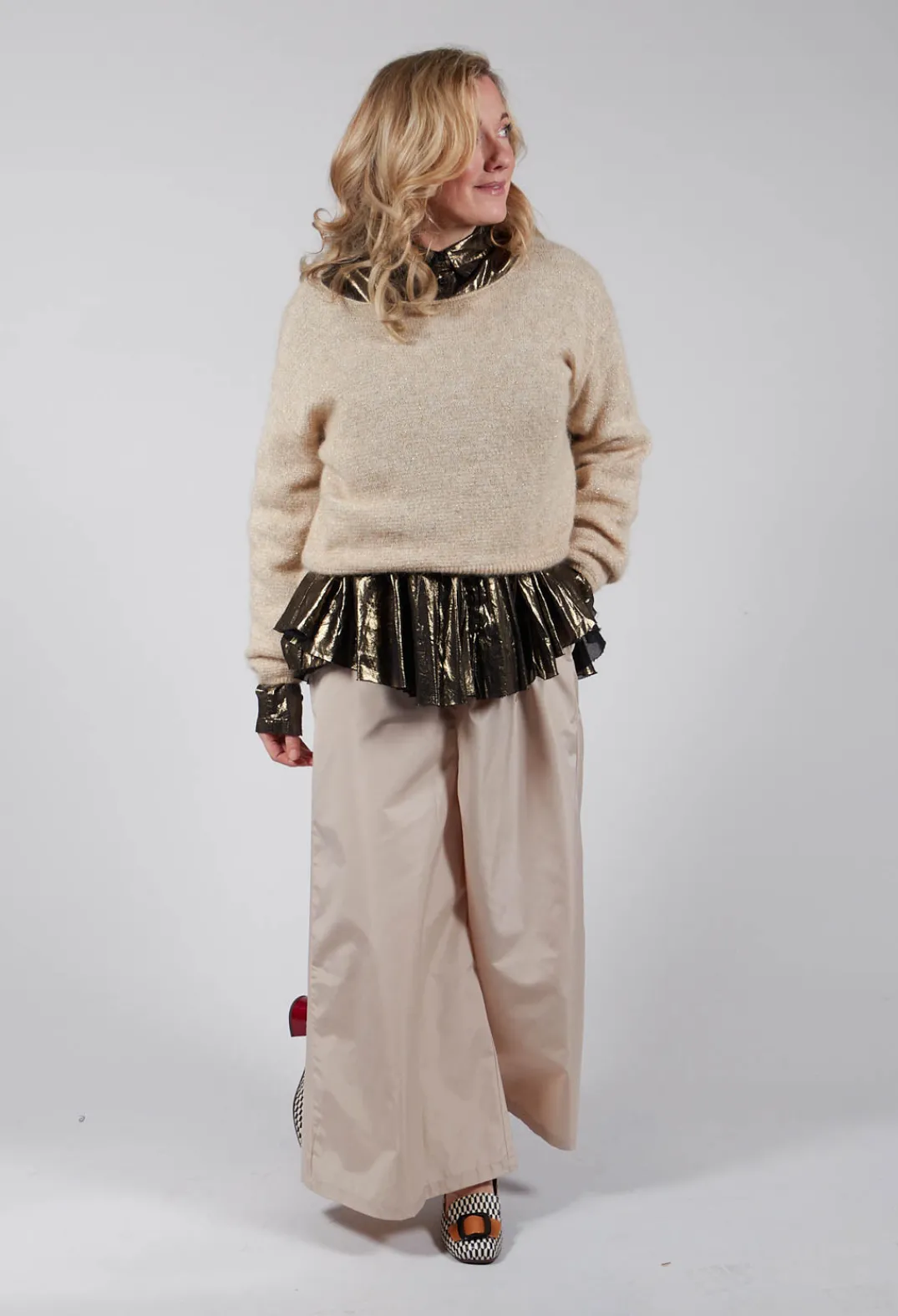 Rundholz Dip Tops^Metallic Button Up Blouse in Gold Black