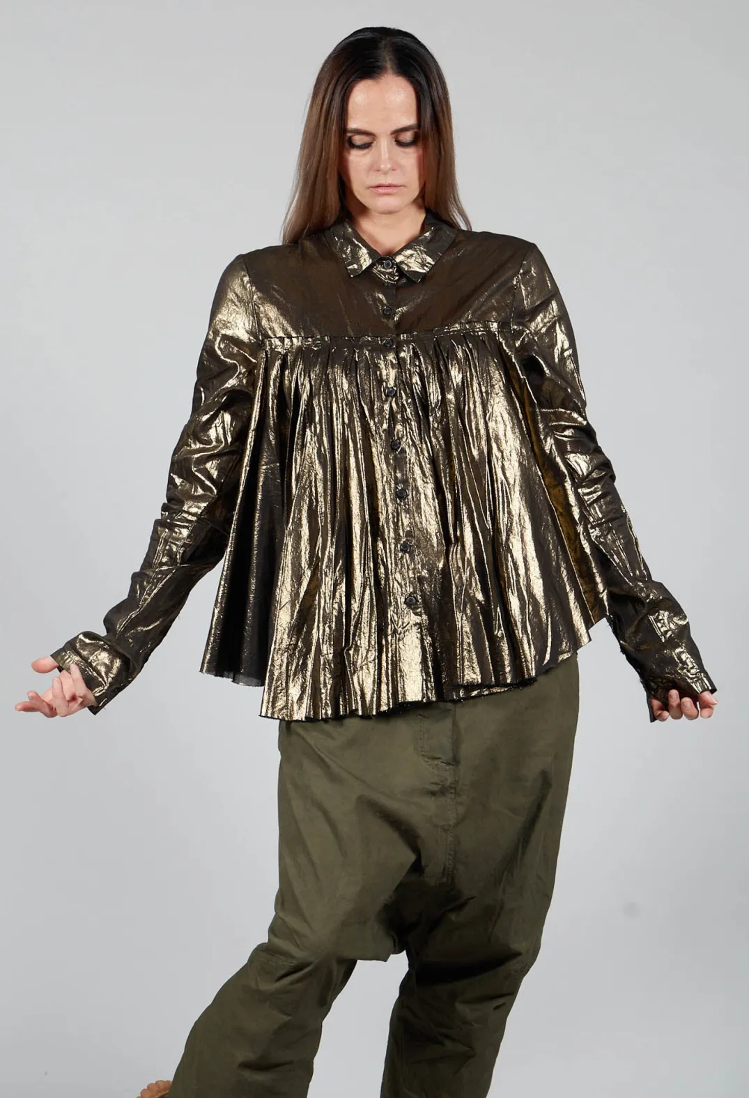 Rundholz Dip Tops^Metallic Button Up Blouse in Gold Black