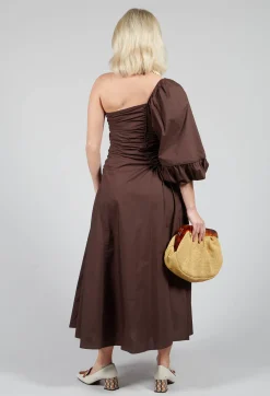 Mei Meij Dresses^One Shoulder Ruched Dress in Chocolate