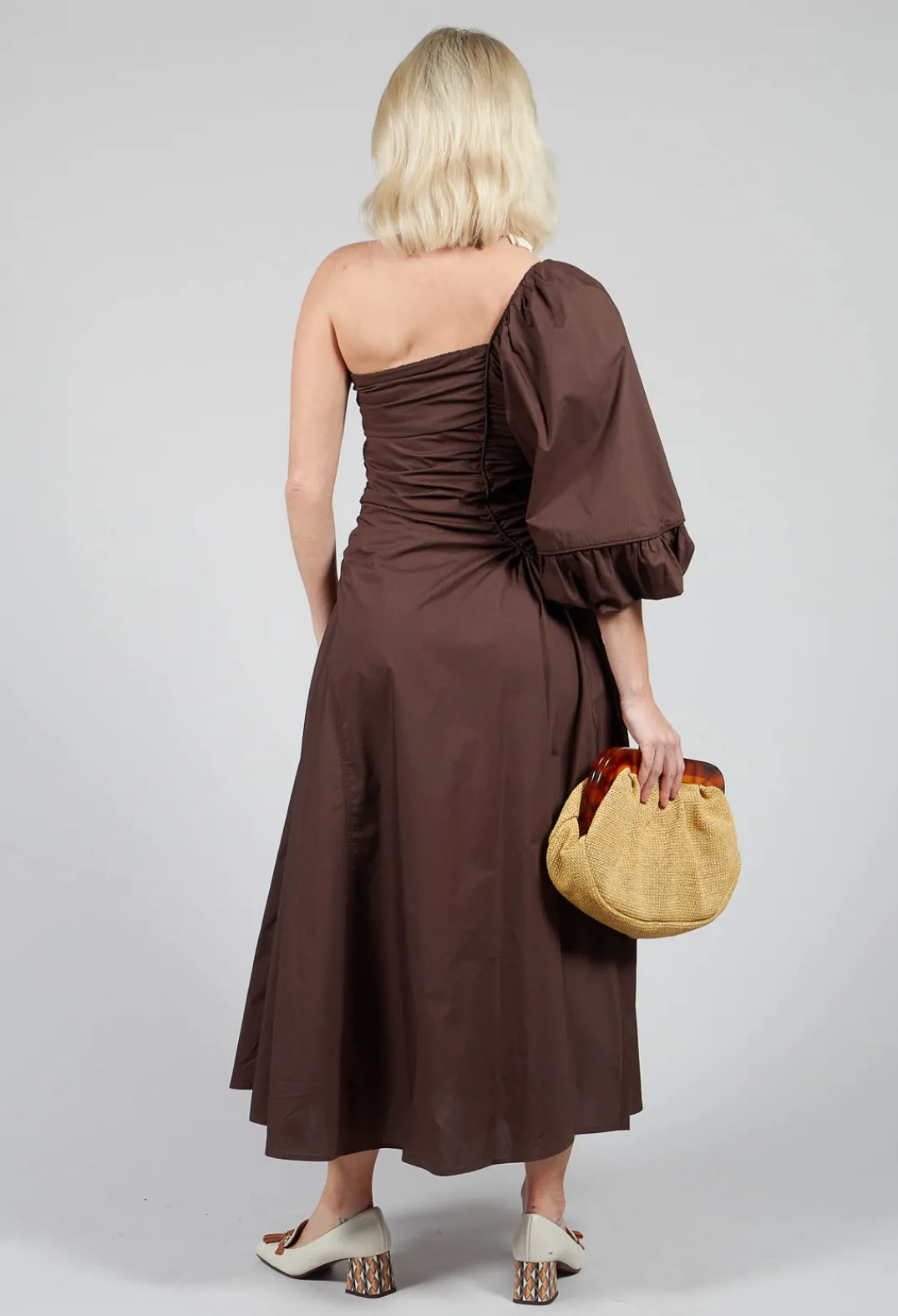 Mei Meij Dresses^One Shoulder Ruched Dress in Chocolate