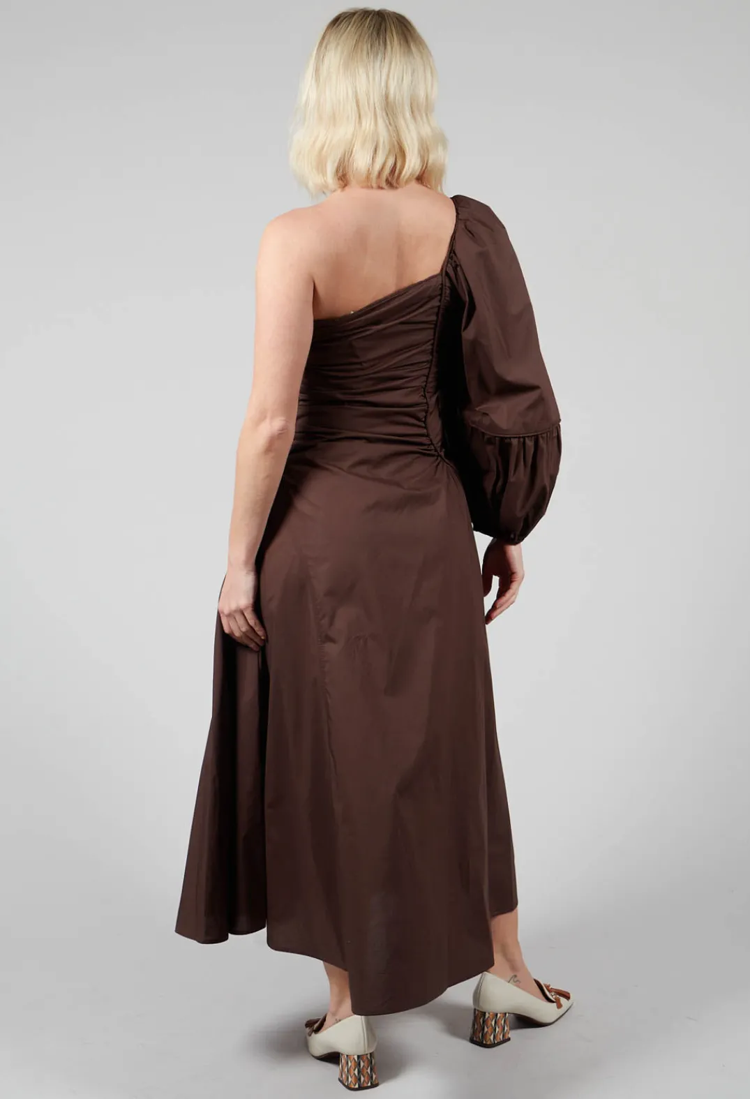 Mei Meij Dresses^One Shoulder Ruched Dress in Chocolate