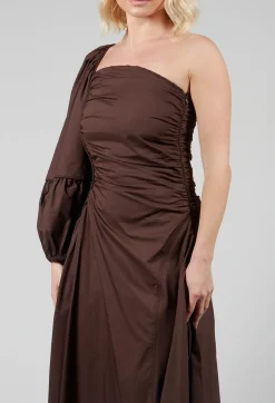 Mei Meij Dresses^One Shoulder Ruched Dress in Chocolate