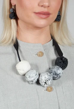 Alice Visin Necklaces^Paper Mache Ball Necklace with Ribbon Tie in Monochrome