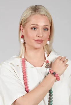 Alice Visin Bracelets^Paper Mache Bracelet with Floral Bead in Red
