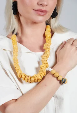 Alice Visin Bracelets^Paper Mache Bracelet with Floral Bead in Yellow