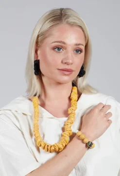 Alice Visin Bracelets^Paper Mache Bracelet with Floral Bead in Yellow
