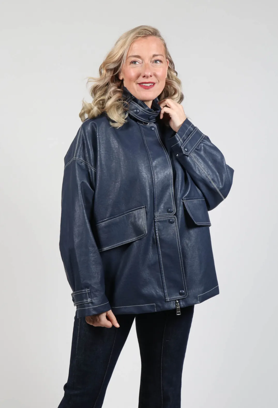 Beatrice B Coats^Parka Faux Leather Jacket in Blue Notte