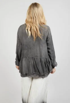 Sanctamuerte Tops^Peplum Tie Blouse in Lino Grey Storm