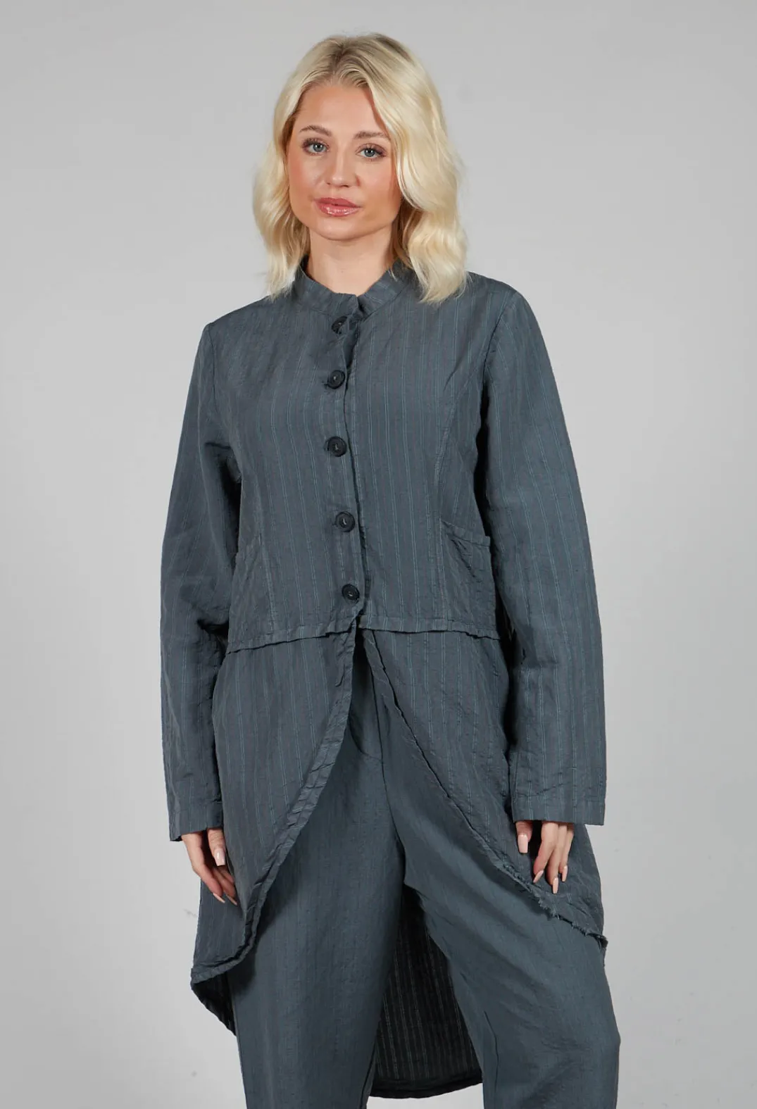 Tadashi Jackets^Pinstripe High-Low Jacket in Grey