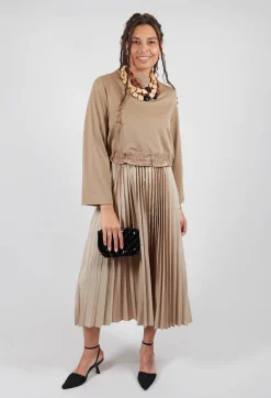 Mei Meij Dresses^Pleated Dress with Overlay Top in Camel