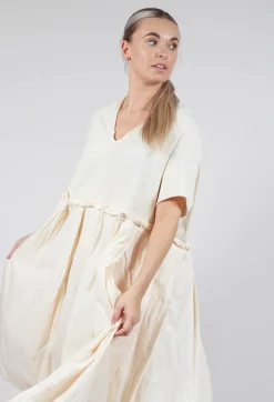 Rundholz Dip Dresses^Pleated Midi Dress with Lettuce Hem Detail in Greige