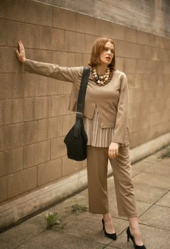 Mei Meij Tops^Pleated Top with Overlay in Caramel