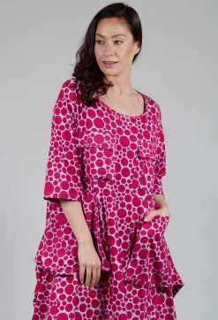 Bread and Butter Dresses^Pocket Dress in White with Lilac with Fuschia Pois