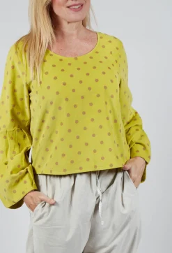 Blueberry Tops^Polkadot Needlecord Puffed Sleeve Top in Acid Green