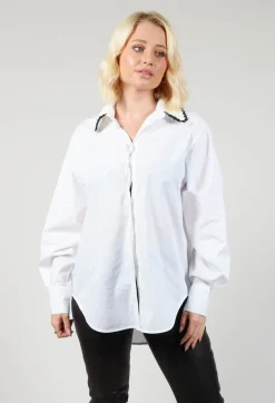 Beatrice B Shirts & Blouses^Poplin Cotton Shirt with Knitted Collar in White