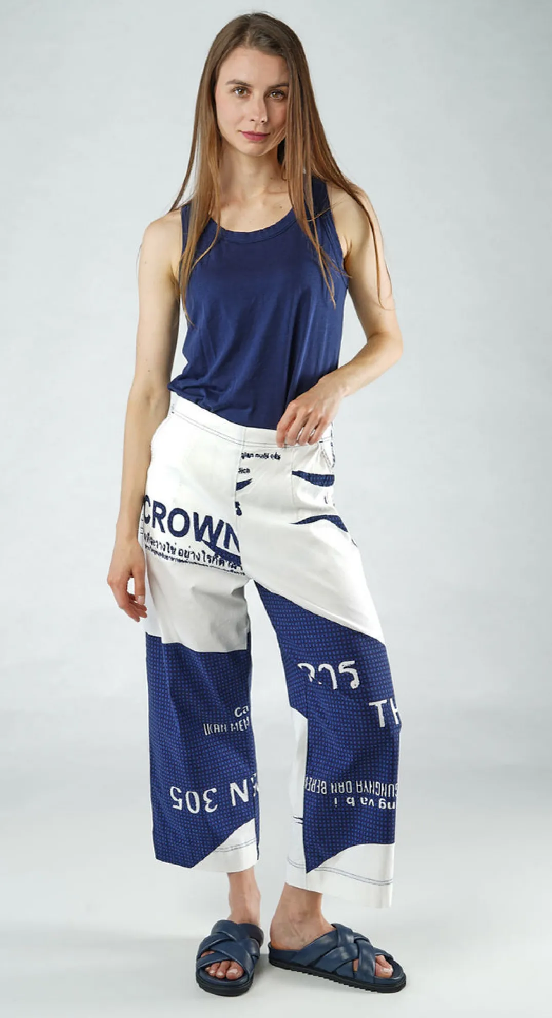 Rundholz Black Label Trousers^PRE-ORDER - Cropped Pull On Wide Leg Trousers in Grey Check (Pictured in Navy Print)