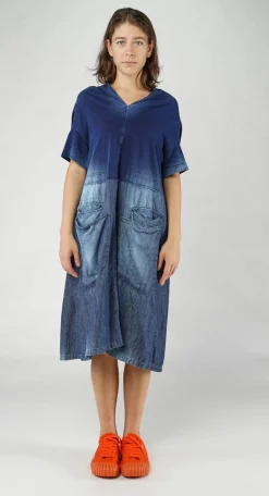 Rundholz Dip Dresses^PRE-ORDER -  Denim Dress with Overlapping Pleat Detail in Mandarine Dye (Pictured in Stonewash)