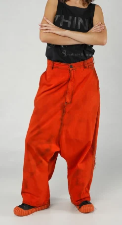Rundholz Dip Trousers^PRE-ORDER - High-Waisted Drop-Crotch Printed Jeans in Mandarine Dye