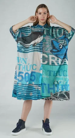 Rundholz Black Label Dresses^PRE-ORDER - Oversized Lightweight Shirt Dress in Navy Print (Pictured in Colorful)