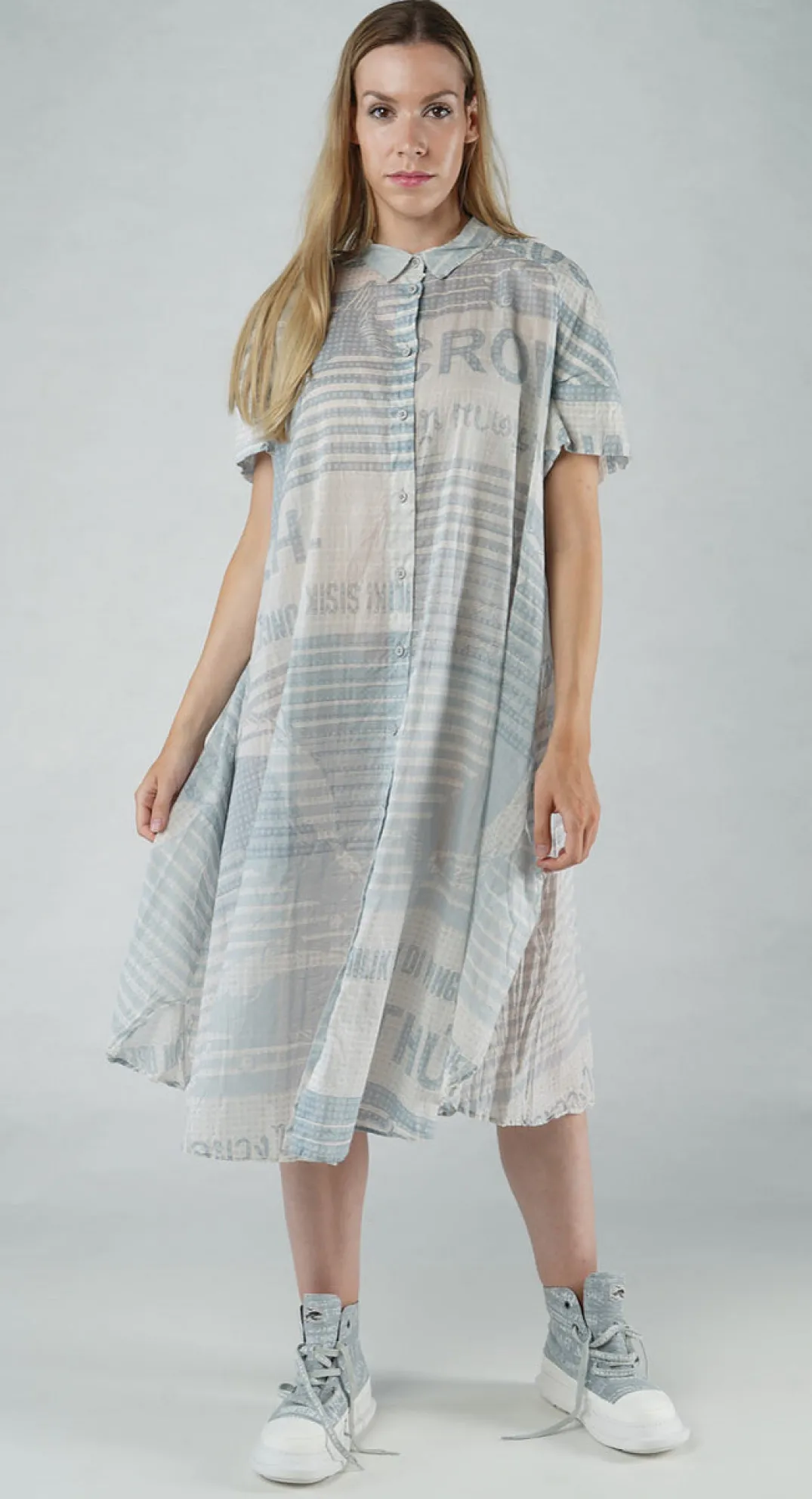 Rundholz Black Label Dresses^PRE-ORDER - Short Sleeve Lightweight Shirt Dress in Colorful (Pictured in Grey Print)