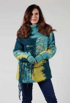Isabel Benenato Tops^Roll Neck Jumper with Fringe Detail in Turquoise