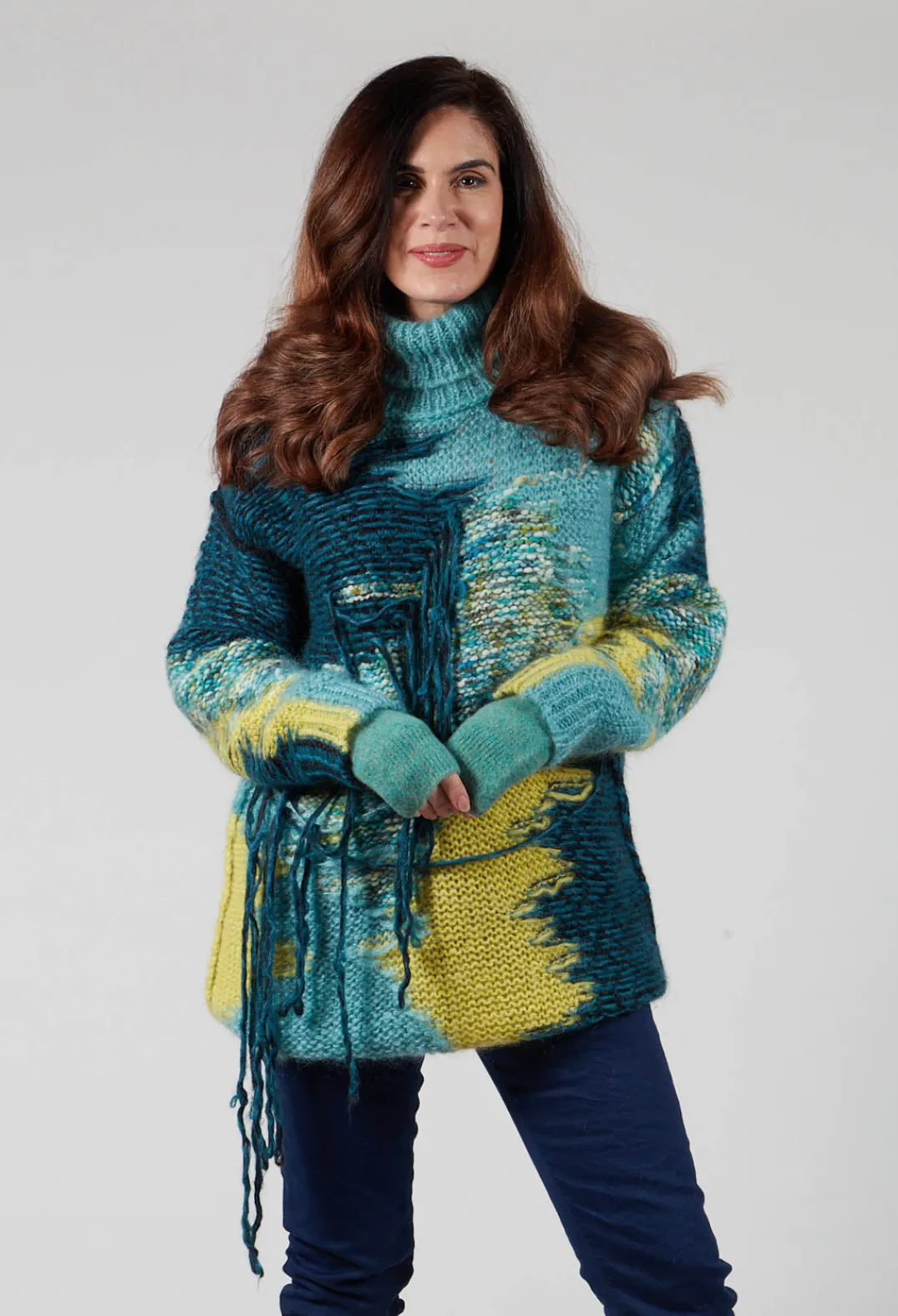 Isabel Benenato Tops^Roll Neck Jumper with Fringe Detail in Turquoise