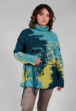 Isabel Benenato Tops^Roll Neck Jumper with Fringe Detail in Turquoise