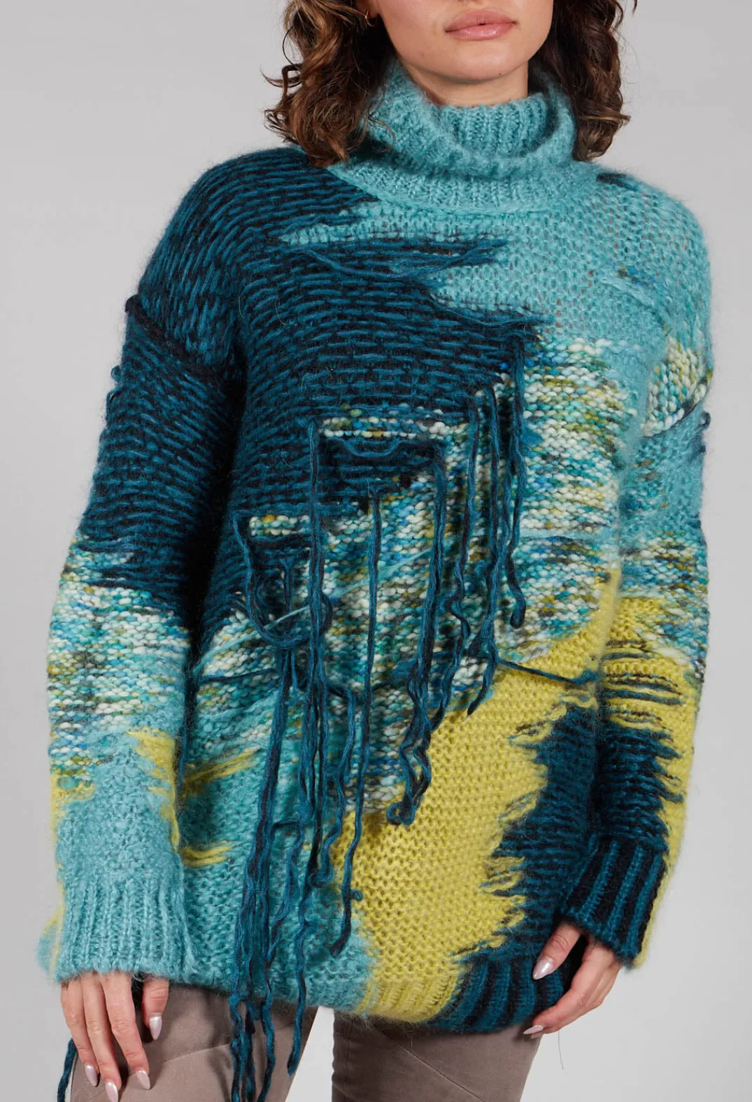 Isabel Benenato Tops^Roll Neck Jumper with Fringe Detail in Turquoise