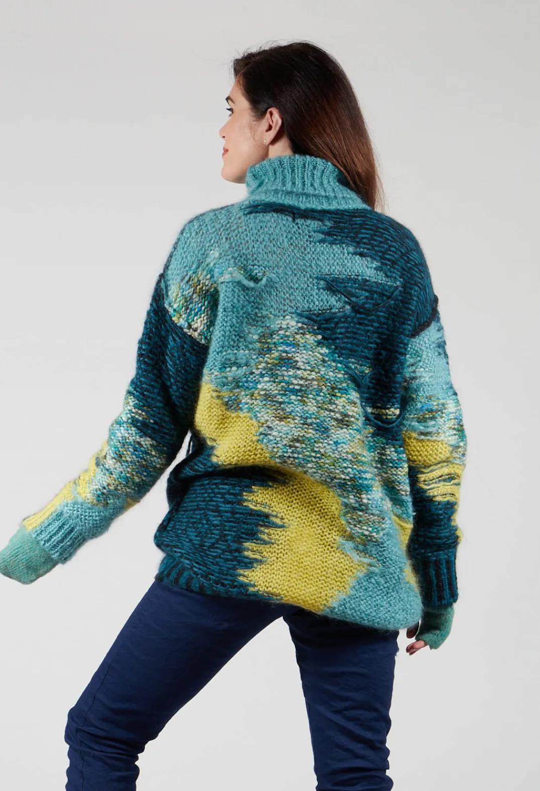 Isabel Benenato Tops^Roll Neck Jumper with Fringe Detail in Turquoise