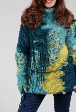 Isabel Benenato Tops^Roll Neck Jumper with Fringe Detail in Turquoise