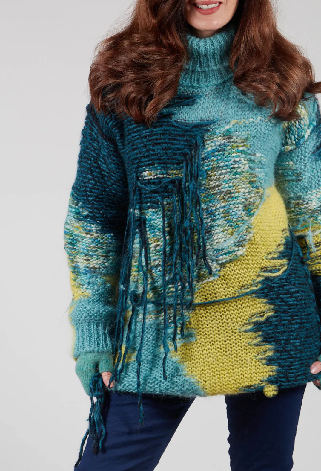 Isabel Benenato Tops^Roll Neck Jumper with Fringe Detail in Turquoise
