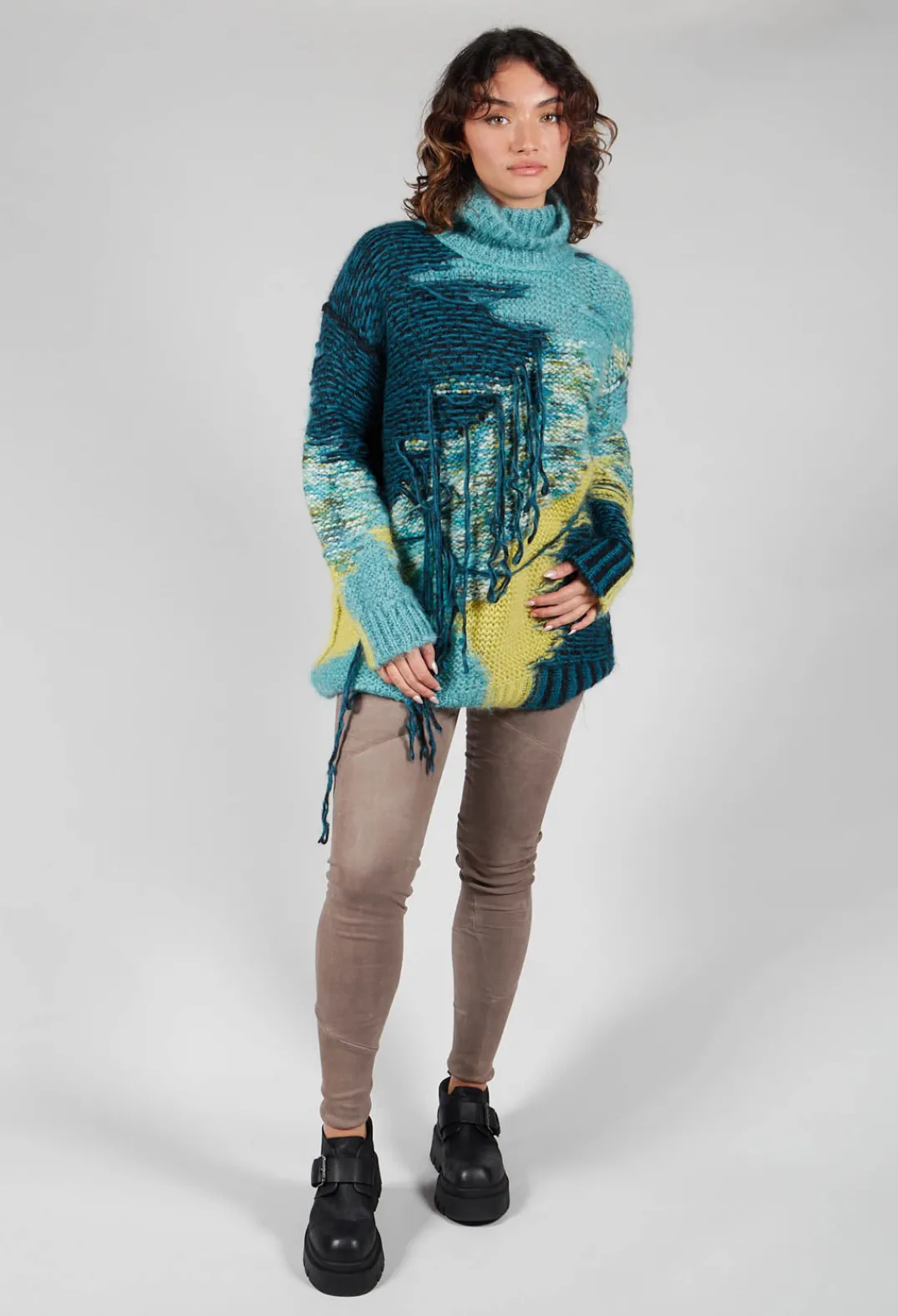 Isabel Benenato Tops^Roll Neck Jumper with Fringe Detail in Turquoise