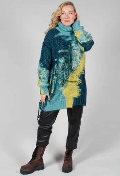 Isabel Benenato Tops^Roll Neck Jumper with Fringe Detail in Turquoise