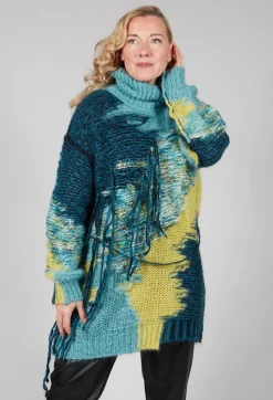 Isabel Benenato Tops^Roll Neck Jumper with Fringe Detail in Turquoise