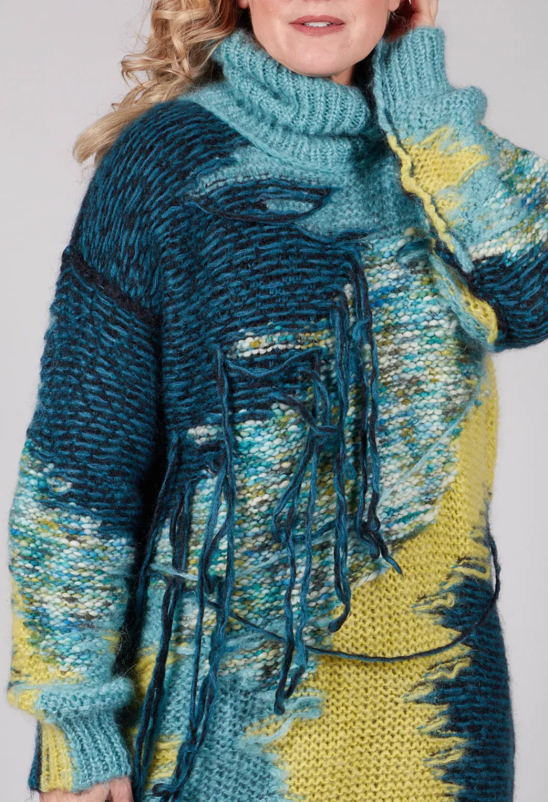 Isabel Benenato Tops^Roll Neck Jumper with Fringe Detail in Turquoise