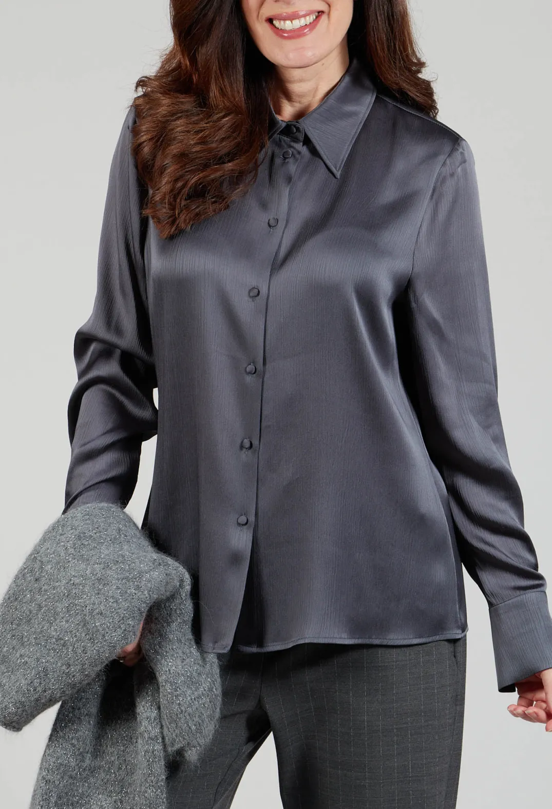 Beatrice B Shirts & Blouses^Romantic Long Sleeved Shirt in Metallic Grey