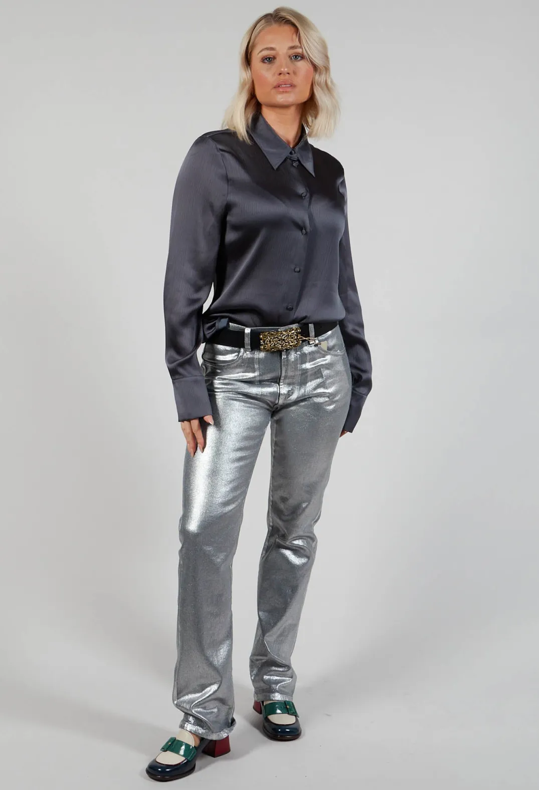 Beatrice B Shirts & Blouses^Romantic Long Sleeved Shirt in Metallic Grey