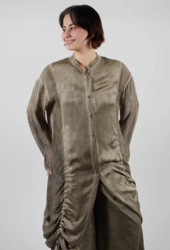 Sanctamuerte Shirts & Blouses^Ruched Shirt Dress in Raso di Viscosa and Viscosa Seta Green Tuscany
