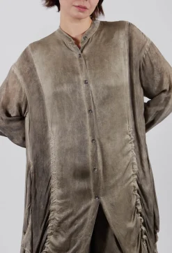 Sanctamuerte Shirts & Blouses^Ruched Shirt Dress in Raso di Viscosa and Viscosa Seta Green Tuscany