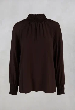Beatrice B Shirts & Blouses^Ruffled Silk Blend Blouse in Espresso Brown