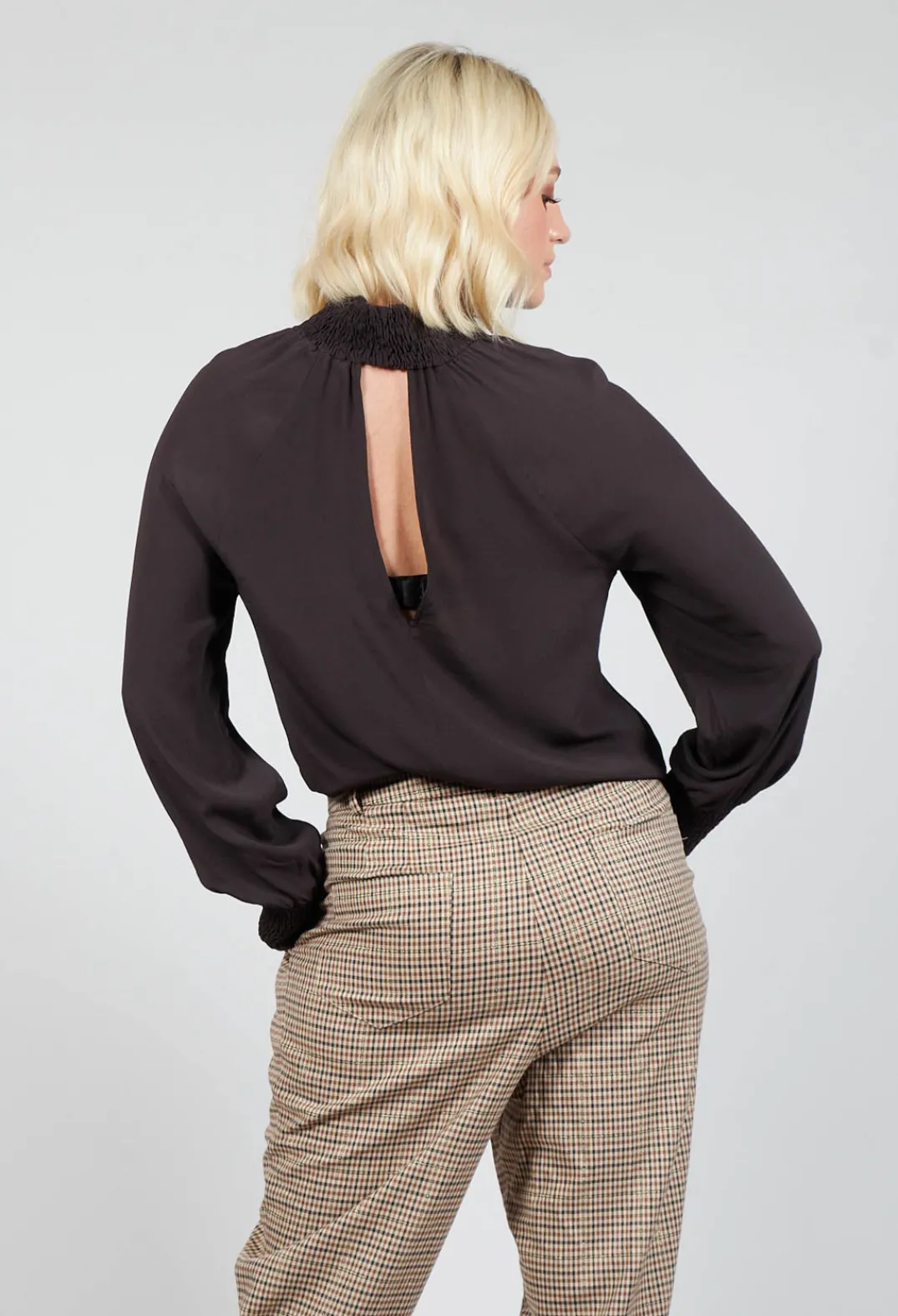 Beatrice B Shirts & Blouses^Ruffled Silk Blend Blouse in Espresso Brown