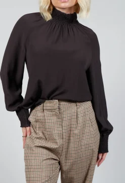 Beatrice B Shirts & Blouses^Ruffled Silk Blend Blouse in Espresso Brown